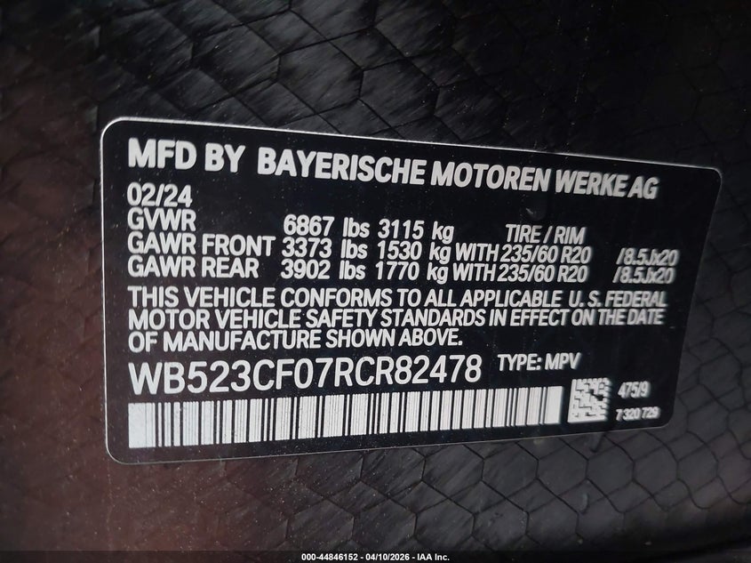 2024 BMW Ix xDrive50 VIN: WB523CF07RCR82478 Lot: 44846152