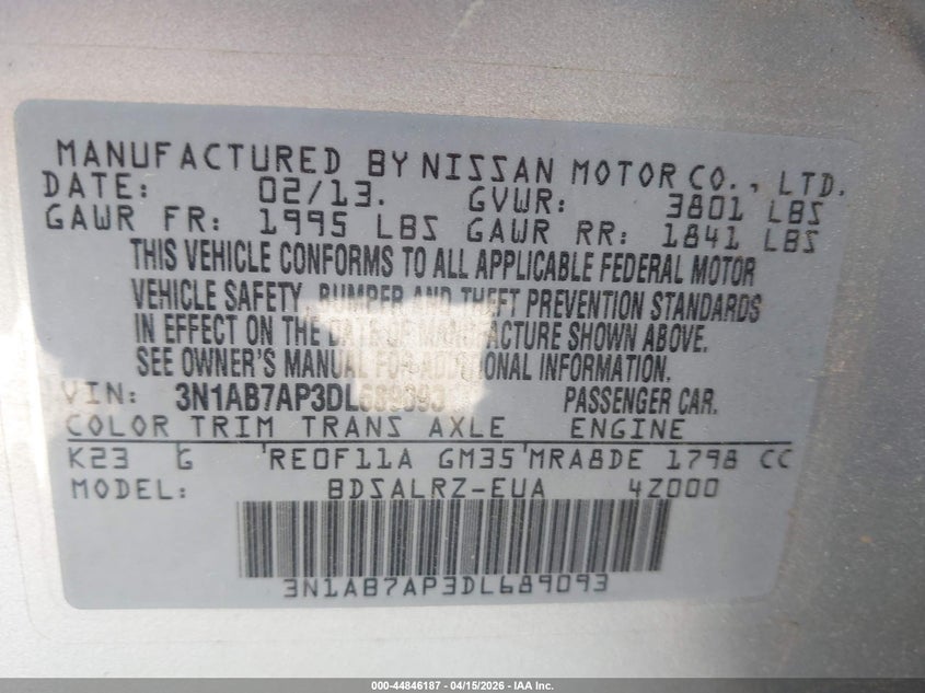 2013 Nissan Sentra Sr VIN: 3N1AB7AP3DL689093 Lot: 44846187