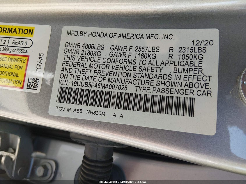 2021 Acura Tlx Technology Package VIN: 19UUB5F45MA007028 Lot: 44846191