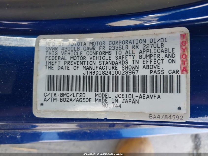 2001 Lexus Is 300 VIN: JTHBD182410023967 Lot: 44846193