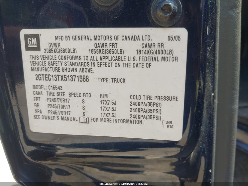 2005 GMC Sierra 1500 Sle VIN: 2GTEC13TX51371588 Lot: 44846198