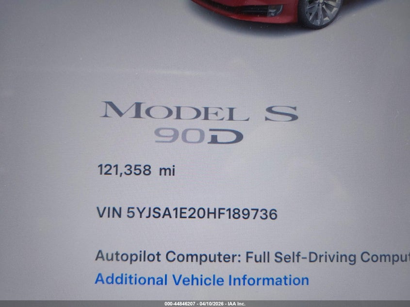 2017 Tesla Model S 100D/60D/75D/90D/P100D VIN: 5YJSA1E20HF189736 Lot: 44846207