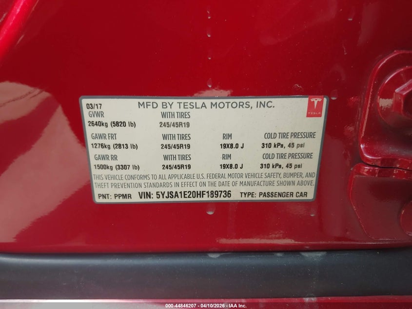2017 Tesla Model S 100D/60D/75D/90D/P100D VIN: 5YJSA1E20HF189736 Lot: 44846207