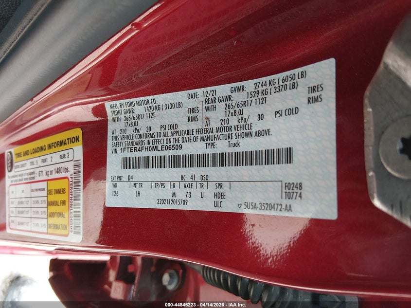 2021 Ford Ranger Xlt VIN: 1FTER4FH0MLE06509 Lot: 44846223