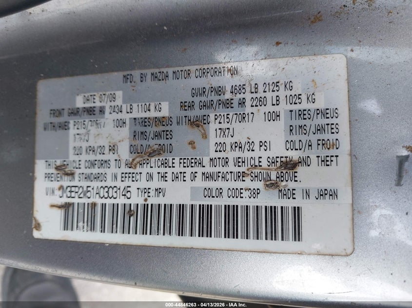 2010 Mazda Cx-7 I Sport VIN: JM3ER2W51A0303145 Lot: 44846263