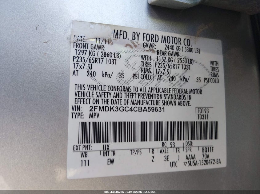 2012 Ford Edge Se VIN: 2FMDK3GC4CBA59631 Lot: 44846285