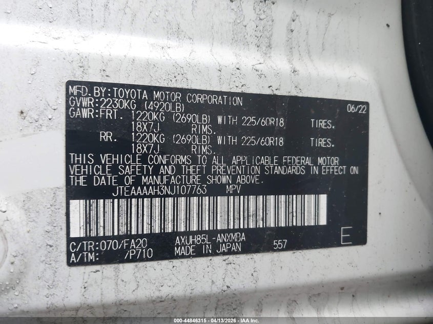 2022 Toyota Venza Le VIN: JTEAAAAH3NJ107763 Lot: 44846315