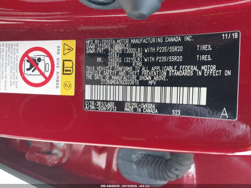 2019 Lexus Rx 450H VIN: 2T2BGMCA7KC033615 Lot: 44846338