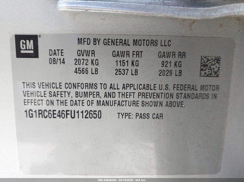 2015 Chevrolet Volt VIN: 1G1RC6E46FU112650 Lot: 44846340