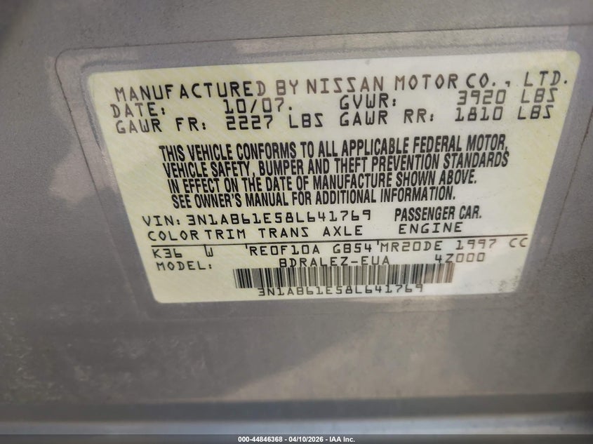 2008 Nissan Sentra 2.0S VIN: 3N1AB61E58L641769 Lot: 44846368