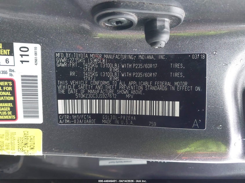 VIN 5TDKZ3DC3JS927612 2018 TOYOTA SIENNA LE 8 PASSENGER