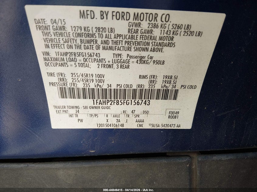 2015 Ford Taurus Limited VIN: 1FAHP2F85FG156743 Lot: 44846415