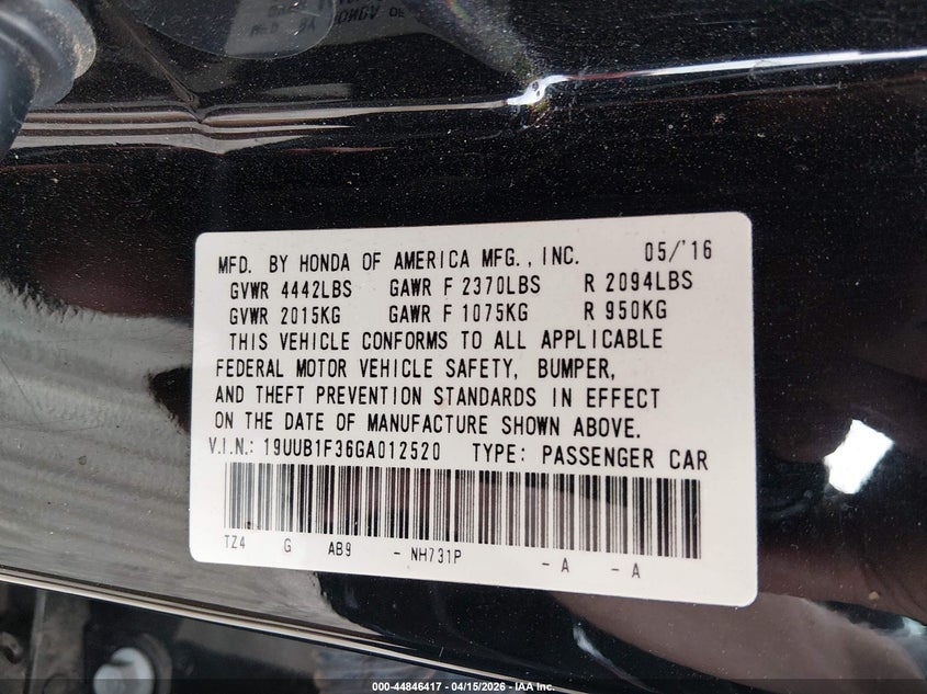 2016 Acura Tlx VIN: 19UUB1F36GA012520 Lot: 44846417