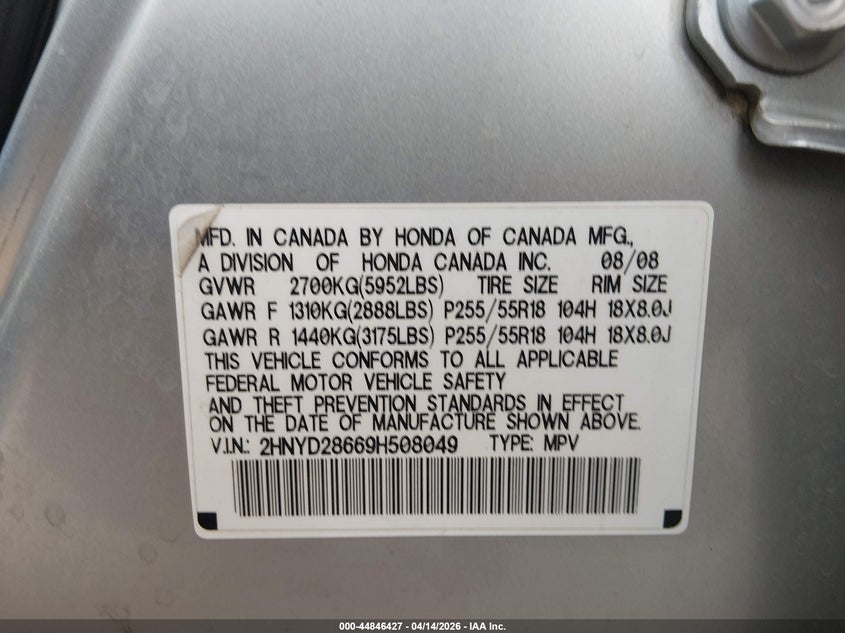 2009 Acura Mdx Technology Package VIN: 2HNYD28669H508049 Lot: 44846427