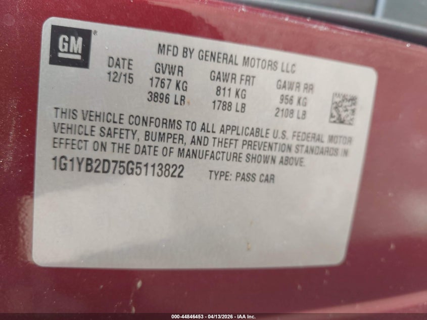 2016 Chevrolet Corvette Stingray VIN: 1G1YB2D75G5113822 Lot: 44846453