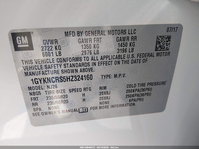 2017 Cadillac Xt5 Premium Luxury VIN: 1GYKNCRS5HZ324160 Lot: 44846473