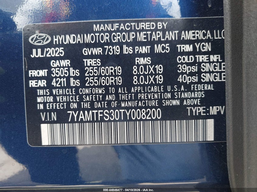 2026 Hyundai Ioniq 9 Se VIN: 7YAMTFS30TY008200 Lot: 44846477