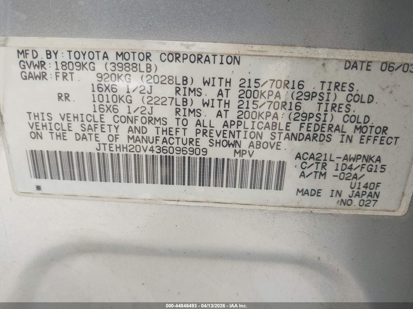 2003 Toyota Rav4 VIN: JTEHH20V436096909 Lot: 44846493