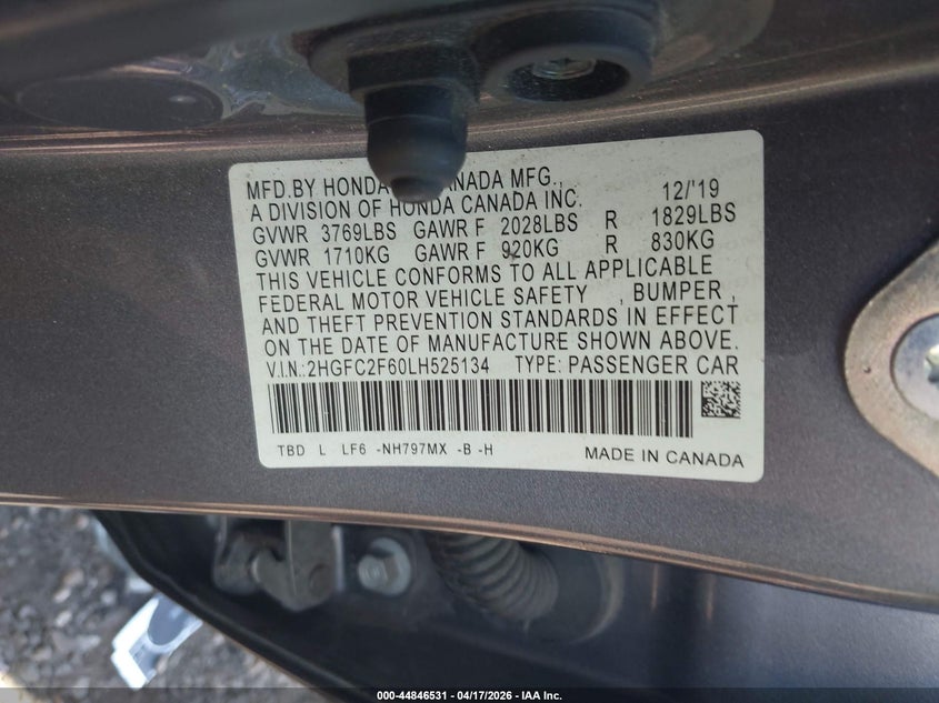 2020 Honda Civic 2.0 Lx grey Lot 111044846531 Vin 2HGFC2F60LH525134