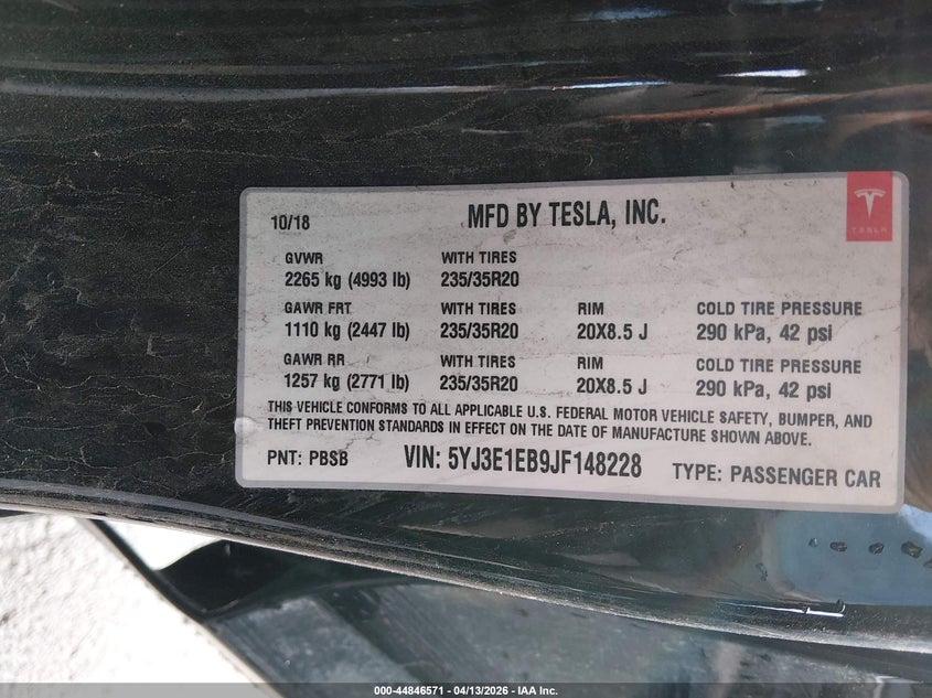 2018 Tesla Model 3 Long Range/Performance black Lot 111044846571 Vin 5YJ3E1EB9JF148228
