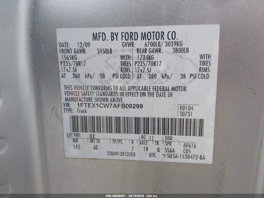 2010 Ford F-150 Stx/Xl VIN: 1FTEX1CW7AFFB0929 Lot: 44846581