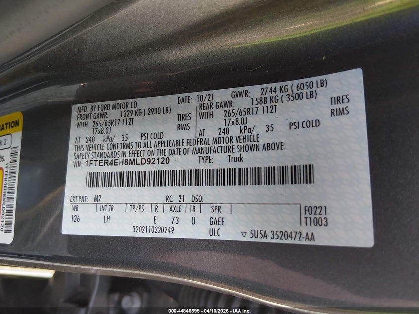 2021 Ford Ranger Xl VIN: 1FTER4EH8MLD92120 Lot: 44846595