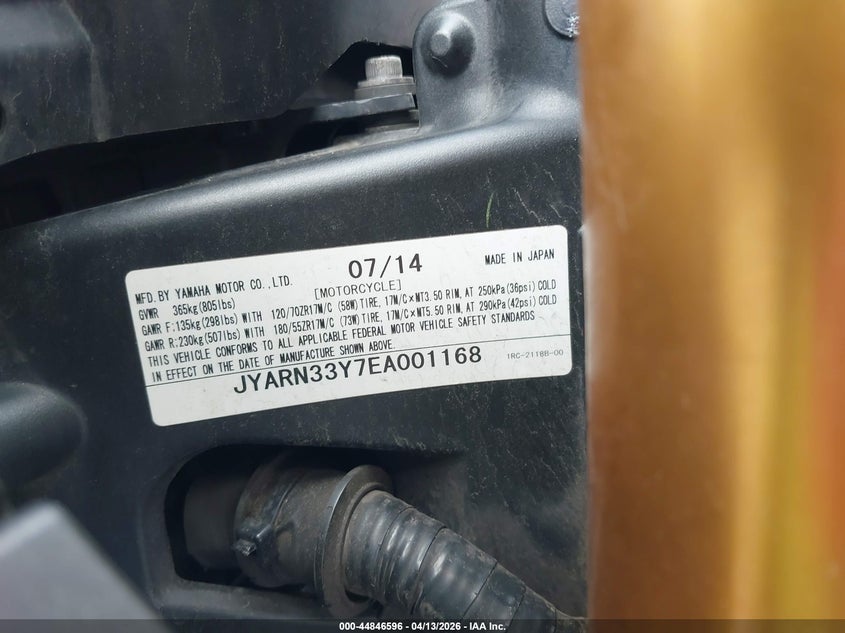 2014 Yamaha Fz09 C VIN: JYARN33Y7EA001168 Lot: 44846596