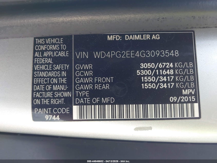 2016 Mercedes-Benz Metris VIN: WD4PG2EE4G3093548 Lot: 44846602