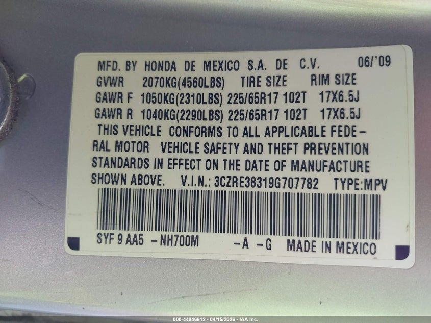 2009 Honda Cr-V Lx VIN: 3CZRE38319G707782 Lot: 44846612