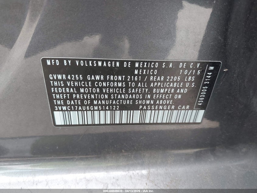 2016 Volkswagen Golf Sportwagen Tsi S 4-Door VIN: 3VWC17AU6GM514122 Lot: 44846638