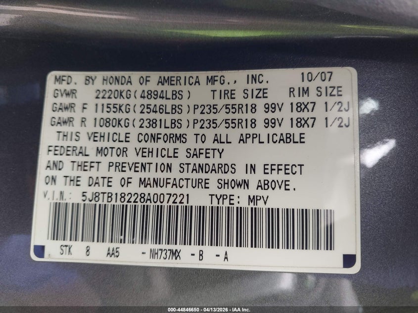 2008 Acura Rdx VIN: 5J8TB18228A007221 Lot: 44846650