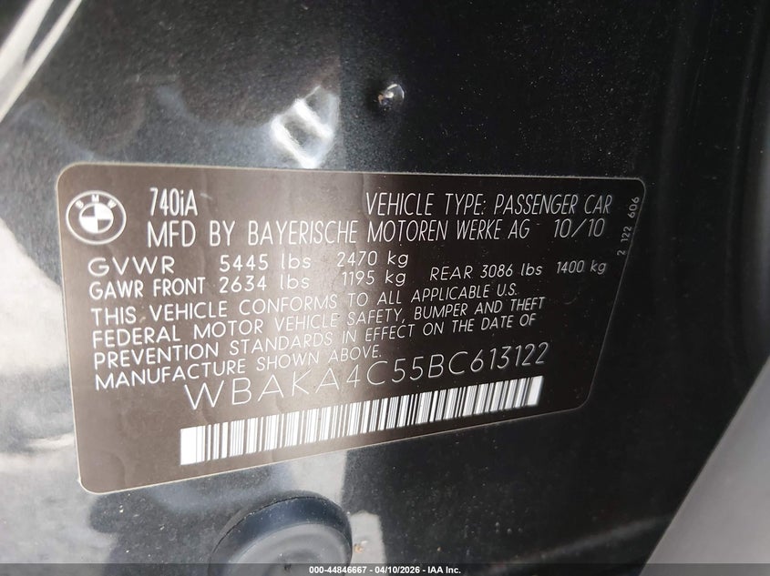 2011 BMW 740I VIN: WBAKA4C55BC613122 Lot: 44846667