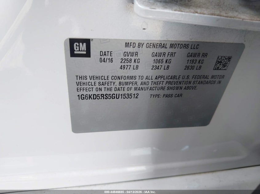 2016 Cadillac Ct6 Luxury VIN: 1G6KD5RS5GU153512 Lot: 44846685