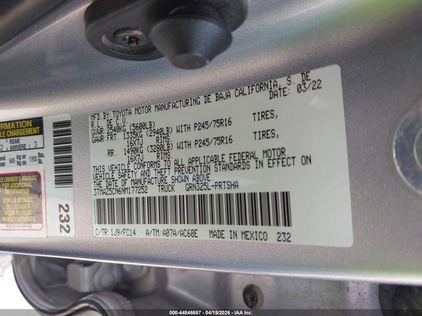 2022 Toyota Tacoma Sr5 V6 VIN: 3TMAZ5CN6NM177252 Lot: 44846687