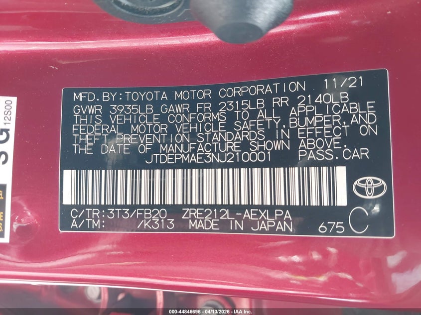 VIN JTDEPMAE3NJ210001 2022 TOYOTA COROLLA LE