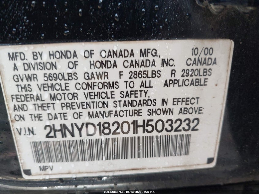 2001 Acura Mdx VIN: 2HNYD18201H503232 Lot: 44846756