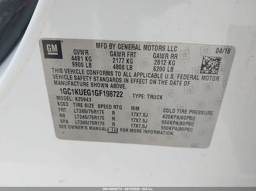2016 Chevrolet Silverado 2500Hd Wt VIN: 1GC1KUEG1GF198722 Lot: 44846774