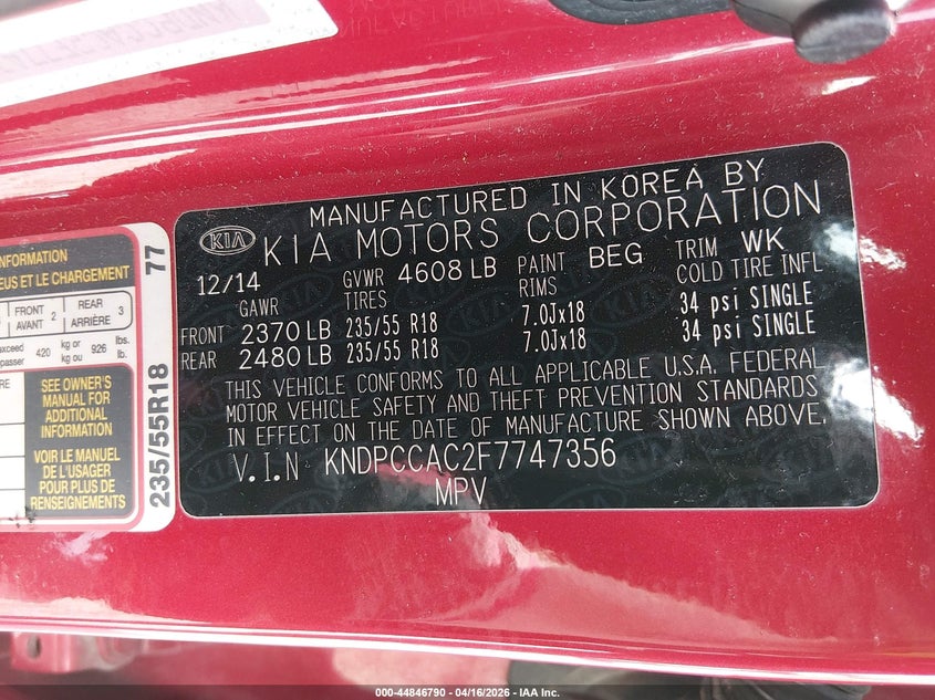 2015 Kia Sportage 2.4 Ex red Lot 111044846790 Vin KNDPCCAC2F7747356