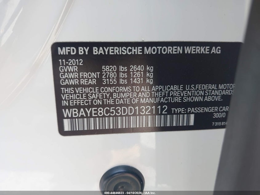 2013 BMW 750Li VIN: WBAYE8C53DD132112 Lot: 44846823