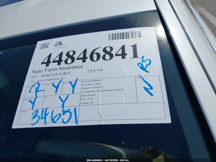 2013 Mercedes-Benz Cls 550 VIN: WDDLJ7DB8DA063397 Lot: 44846841
