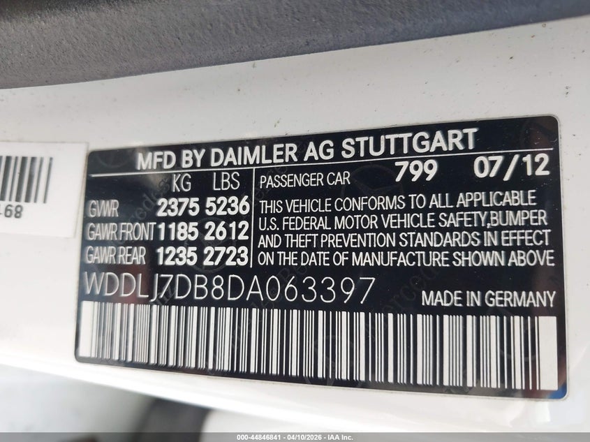 2013 Mercedes-Benz Cls 550 VIN: WDDLJ7DB8DA063397 Lot: 44846841