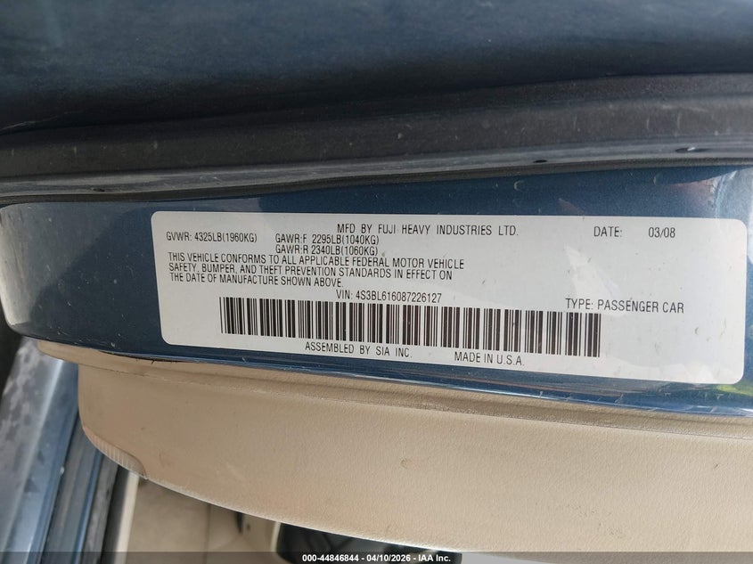 2008 Subaru Legacy 2.5I VIN: 4S3BL616087226127 Lot: 44846844