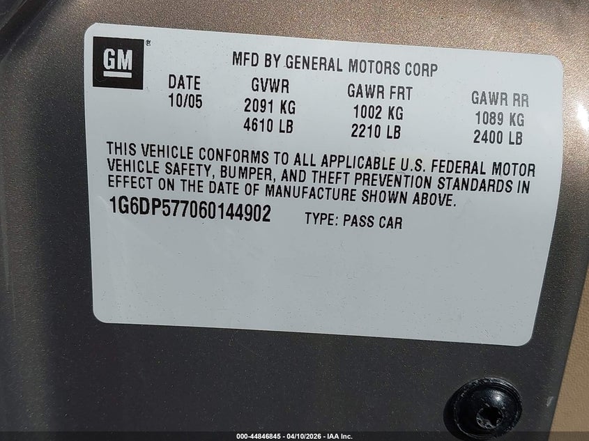 2006 Cadillac Cts Standard VIN: 1G6DP577060144902 Lot: 44846845