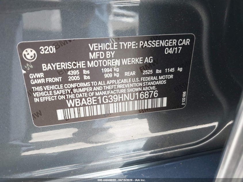 2017 BMW 3er 2.0 320I grey Lot 111044846859 Vin WBA8E1G39HNU16876