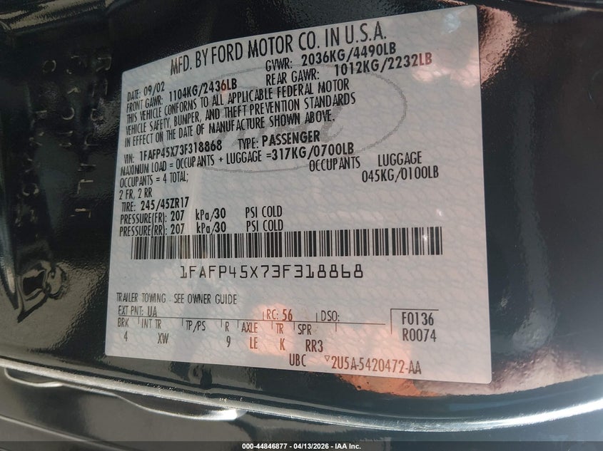 2003 Ford Mustang Gt VIN: 1FAFP45X73F318868 Lot: 44846877