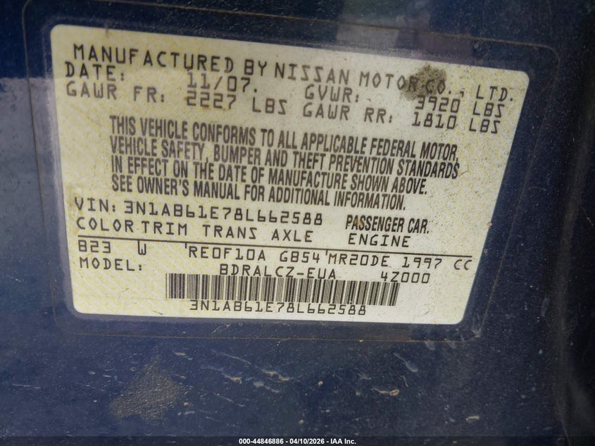 2008 Nissan Sentra 2.0 VIN: 3N1AB61E78L662588 Lot: 44846886