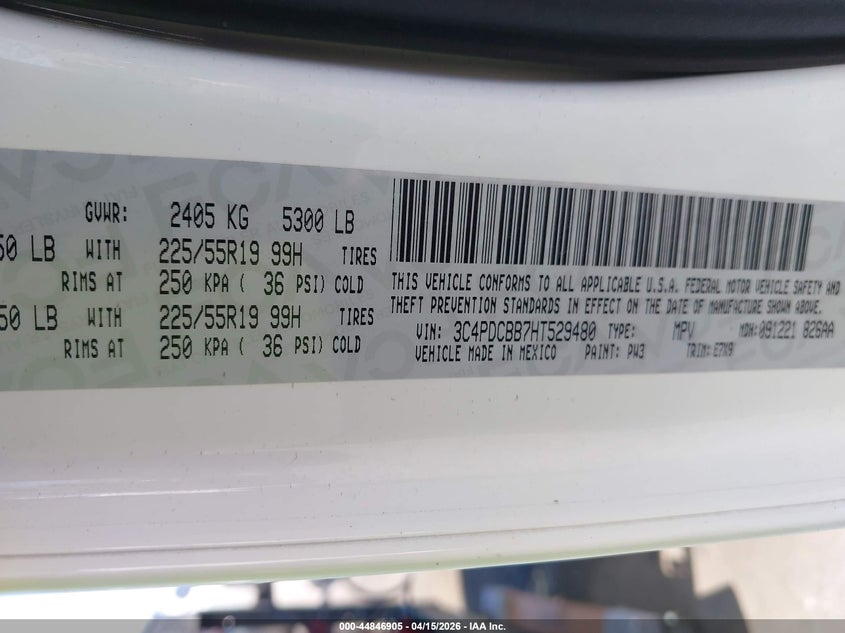 2017 Dodge Journey Sxt VIN: 3C4PDCBB7HT529480 Lot: 44846905