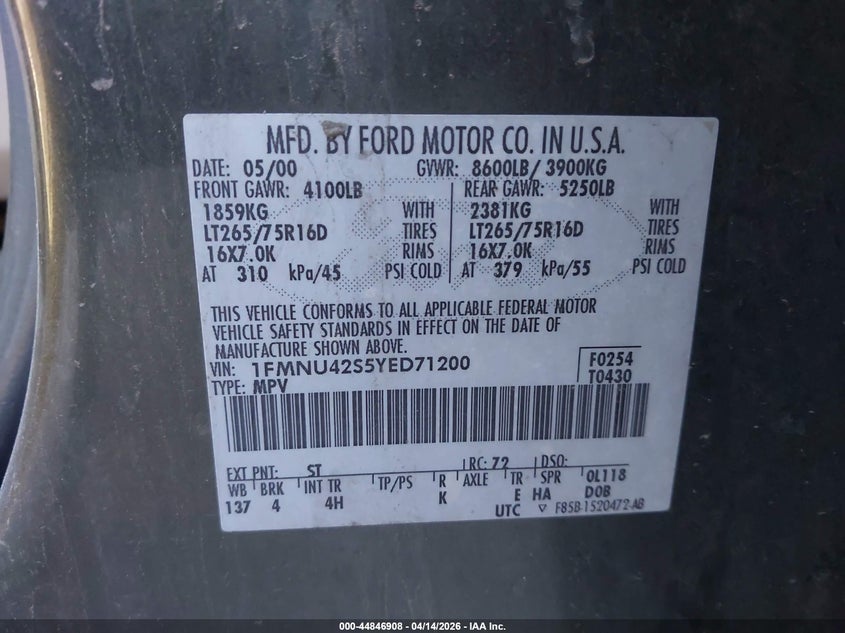 2000 Ford Excursion Limited VIN: 1FMNU42S5YED71200 Lot: 44846908