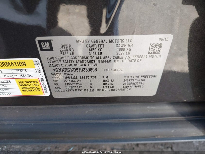 2015 Chevrolet Traverse 1Lt VIN: 1GNKRGKD5FJ389896 Lot: 44846925