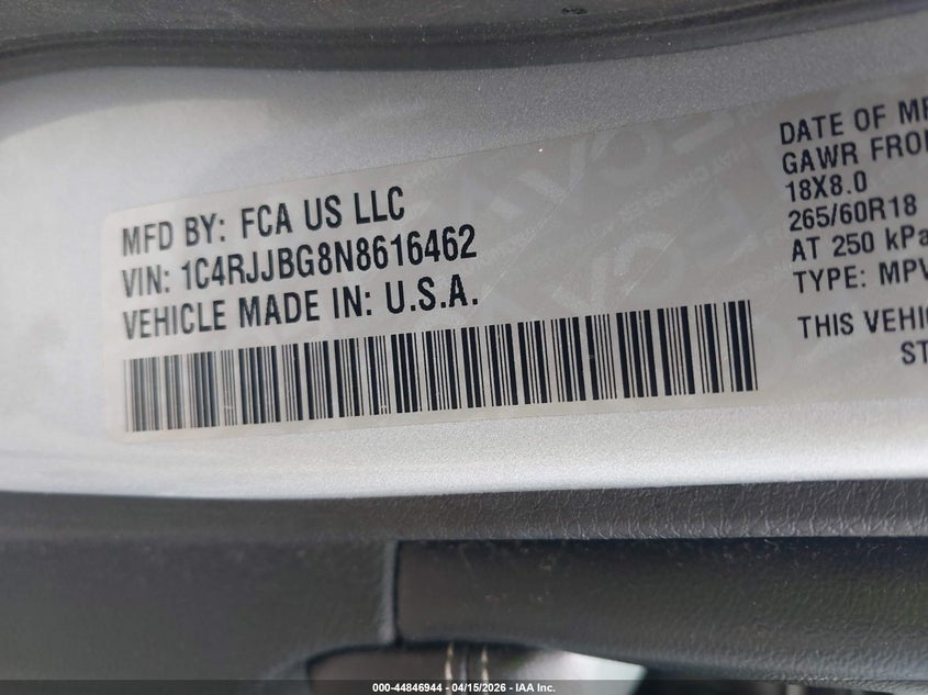 2022 Jeep Grand Cherokee L Limited 4X2 VIN: 1C4RJJBG8N8616462 Lot: 44846944